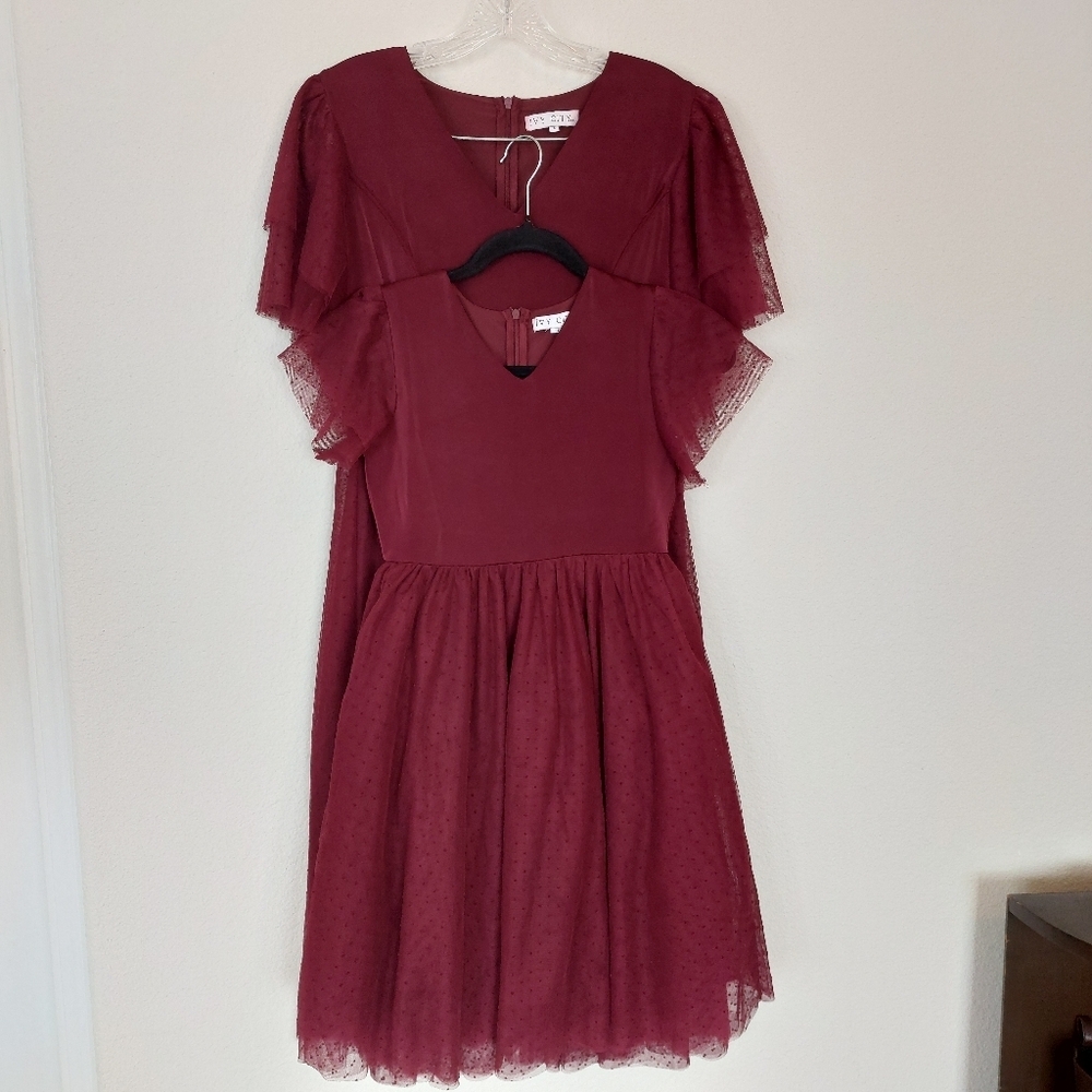 Ivy City Mommy And Me Maroon Swiss Dots Flutter Sleeve Dress Size Small And 8T